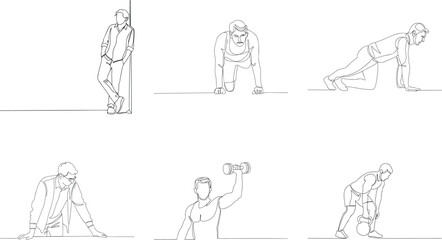 Continuous Line Drawing Demonstrating Various Human Activities and Fitness Exercises on a White Background Illustration