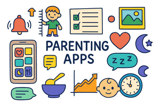 Colorful Parenting App Icons. Parenting apps. Colorful Hand-drawn doodle Children illustration Parenting apps smartphone, growth chart, checklist, reminder