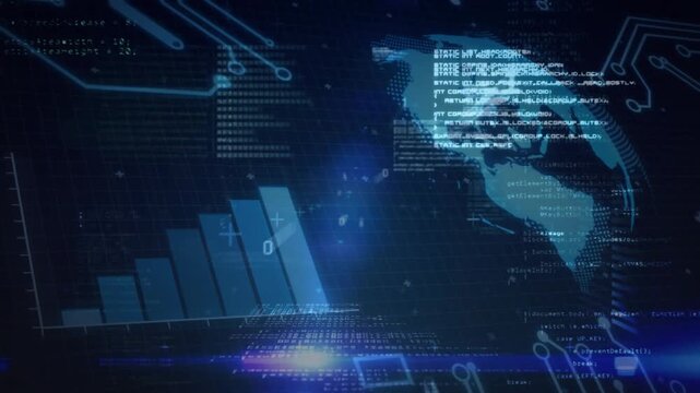 Faint blue glow initiating globe appearing with code scrolling bar chart rising and globe rotating