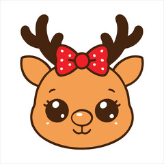 Adorable kawaii reindeer character with festive red bow silhouette on vector white background