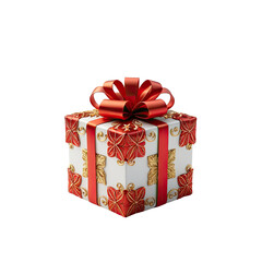 A white gift box, decorated with red, gold, and a ribbon on top
