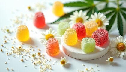 CBD gummies arrangement with chamomile flowers and cannabis leaf on white. Colorful candy for relaxation alternative medicine and stress relief. Confectionery sweet treats for sleep aid.