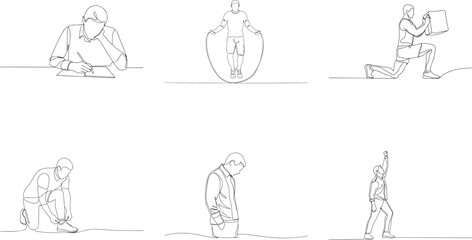 Continuous Line Drawing of Different People in Various Activities and Poses Depicting Diverse Actions and Emotions