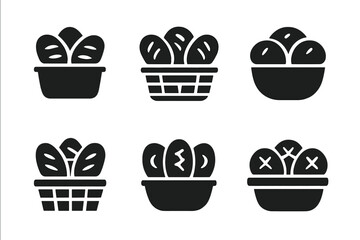 Bread Roll Icons. Bread Basket. Set Logo of Bread Rolls: Minimal outline, Negative space, Flat solid, Symmetrical form, Stylized detail, Iconic shape. Vector