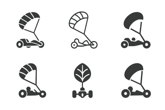 Kite Buggy Logos. Kite buggy. Set Logo of Kite buggy: traction kite towing sand buggy. harmonious logo variations of the same emblematic concept, each with