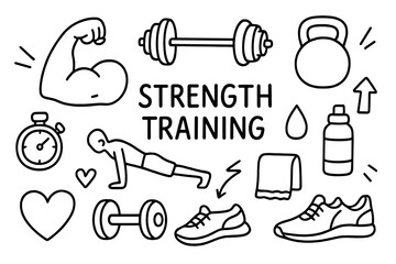 Obraz premium Strength Training Doodles. Strength training. Hand-drawn doodle illustration strength training flexed arm, barbell, kettlebell, push-up figure, stopwatch,
