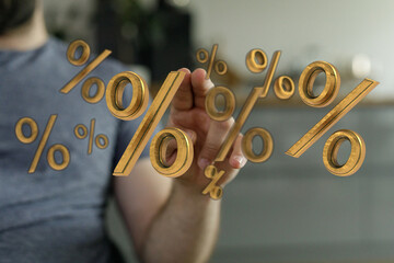 Image depicting a person interacting with golden percentage symbols, symbolizing financial concepts like interest rates, discounts, and investme