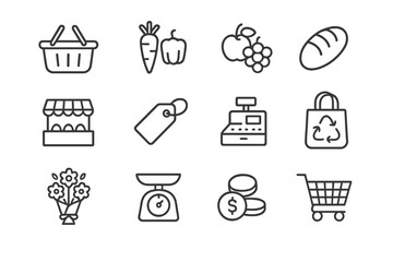 Daily Market Icons. Daily market. Line icon set of daily market: shopping basket, fresh vegetables, fruits, bread loaf, vendor stall, price tag, cash register,