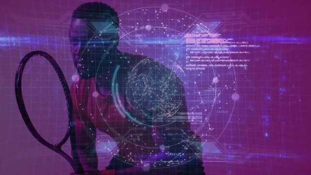 Male athlete entering low ready stance in violet light, activating technology holographic globe - Powered by Adobe