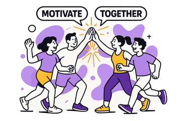 Naklejka premium Energized High-Five. Social Connection in Exercise. A small group high-fives after a run; speech bubbles float ?Motivate,? ?Together.? Energy lines connect