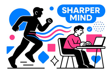 Transition to Focus. Focus & Productivity. A jogger silhouette transitions into a person at a desk; energy lines flow from motion to mindset. ?Sharper Mind?