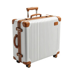 Modern white and brown striped travel suitcase with wheels