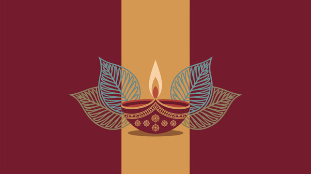 Illustration of a lit diya lamp with decorative leaves on a maroon and gold background design