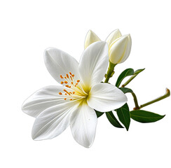 Close-up of delicate white flower, buds, and green leaves