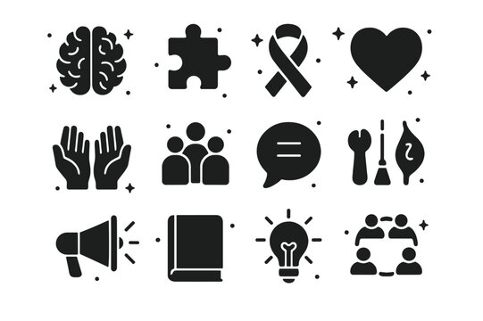 Neurodiversity Support Symbols. Neurodiversity Support. Solid icons set of Neurodiversity Support: brain, puzzle piece, ribbon, heart, speech bubble, hands,