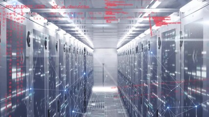 Red code text emerging in server corridor initiating blue node mesh pulsing to represent data flow - Powered by Adobe