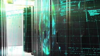 Teal grid rising in server corridor, 3D globe rotating, code streams pulsing showing data flow - Powered by Adobe