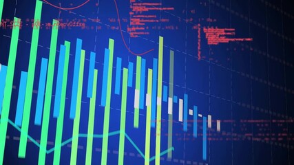 Bars fading in, growing in size while red code and trend line scrolling showing data trends