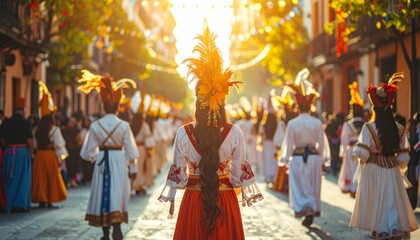 Naklejka premium Fiesta de Santiago: Woman in Traditional Spanish Costume Leading a Parade at Sunset