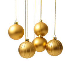 Golden Christmas ornaments, spheres, and striped, suspended against a black background