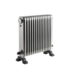 A metallic, vertical radiator with control knob and black base