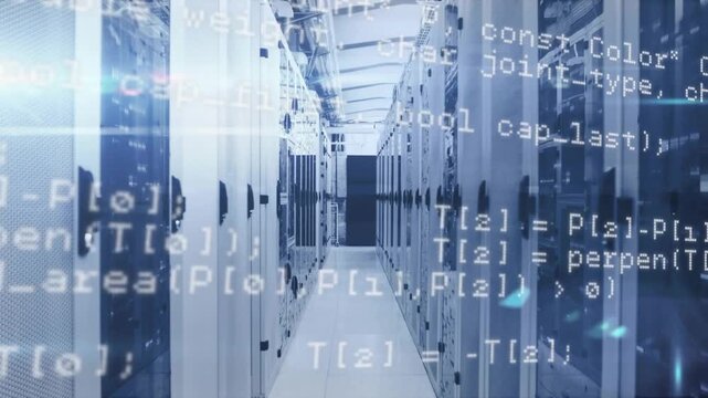 After corridor, translucent code streaming over racks, then dimming while visualizing data flow