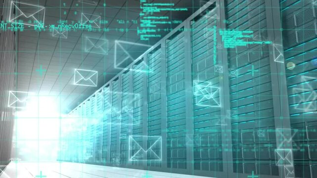 Grid lines initiating envelope icons and drifting code, showing email flow in server corridor
