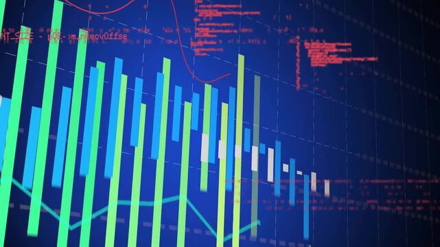 Bars fading in, growing in size while red code and trend line scrolling showing data trends