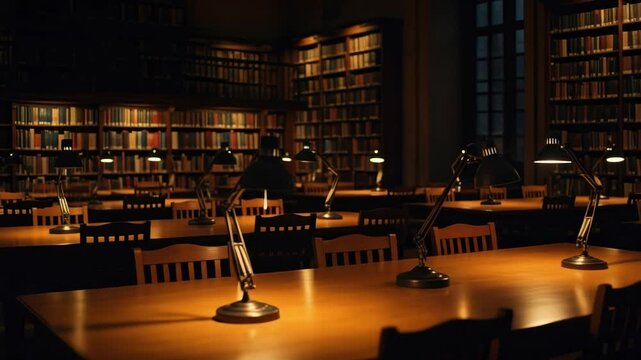 Ambient library scene with soft lighting and empty desks in dimly lit study hall