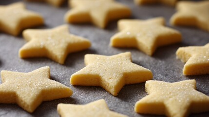 Star-shaped cookie dough pieces arranged on a baking tray, ready for baking. The cookies are light yellow and have a smooth surface.