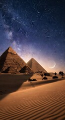 Majestic pyramids stand sentinel against a night sky filled with a vibrant, swirling milky way.