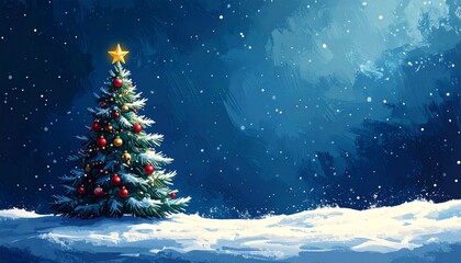 Illustrated Christmas Tree with Gold Star in a Snowy Winter Night Scene.