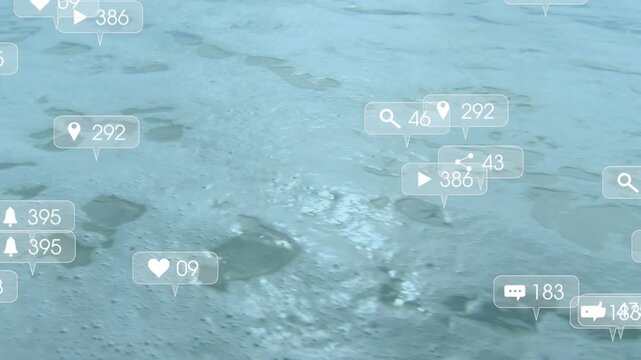 gentle wave washing sand causing metric icons emerging swirling fading showing engagement growth