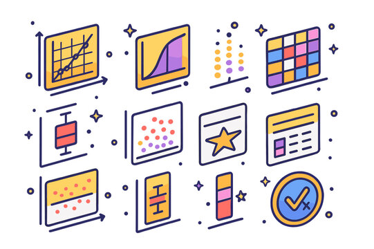 Colorful Statistical Plot Icons. Statistical plots. Colorful isometric vector icons set of Statistical plots: QQ plot, cumulative distribution curve, density