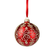 Red ornament with intricate gold design, hanging by a red ribbon