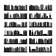 Diverse bookshelf silhouettes in black and white perfect for graphic design isolated on white background