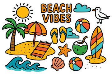 Beach Doodle Vibes. beach vibes. Colorful Hand-drawn doodle Children illustration beach vibes palm tree, shadow, sand, sun, seashell, starfish, surfboard,