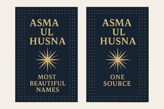 Asma Ul Husna Banners. Asma ul Husna. Two vertical A6 banners with safe margins, centered composition, no elements touching edges, bold, navy and gold, dotted