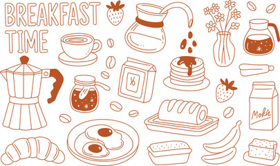 Handdrawn line art shows breakfast items like coffee, eggs, pancakes and pastries on white
