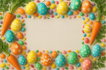 Colorful Easter eggs and carrots are arranged around a blank space, creating a festive and cheerful decoration for spring celebrations.