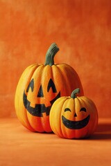 Two carved pumpkins set against orange background for Halloween decoration and autumn mood