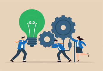 Flat illustration of employees turning giant green ESG lightbulb gear to drive corporate sustainability machine