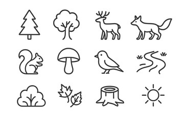 Fototapeta premium Forest Icon Set. Forest ecosystem. Line icon set of forest ecosystem: pine tree, oak tree, deer, fox, squirrel, mushroom, bird, river, bush, fallen leaves,