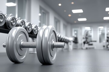 Fototapeta premium Silver dumbbell, gym floor, blurred background. Fitness, strength, workout.
