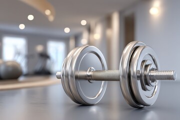 Close-up of a modern chrome adjustable dumbbell resting on a gym floor.