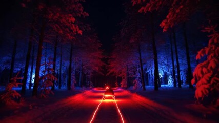 Vibrant night drive through illuminated forest with red and blue light trails - Powered by Adobe