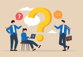 Flat illustration of business people ask question and give answer symbolizing teamwork and problem solving through FAQ discussion