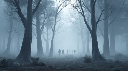 Ghostly Figures Emerging Through Dense Fog in Eerie Woodland Scene with Tall Trees and Mysterious Atmosphere