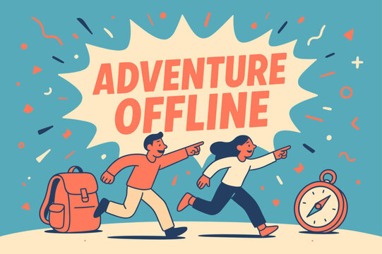Adventure Awaits Banner. Adventure offline banner, flat vector illustration, bold oversized text inside splash explosion, cartoon characters running and