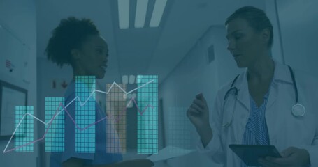 Nurse entering hospital initiating data analysis with doctor pointing to expanding chart overlay - Powered by Adobe